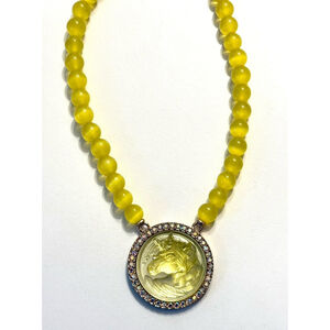 Kirk’s Folly Unicorn Intaglio Pendant Necklace Yellow Beads Vintage Retired